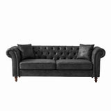 Chesterfield Sofa, High Tech Fabric Roll Armrest, 3 Seater Mid Century Modern Couch - Black