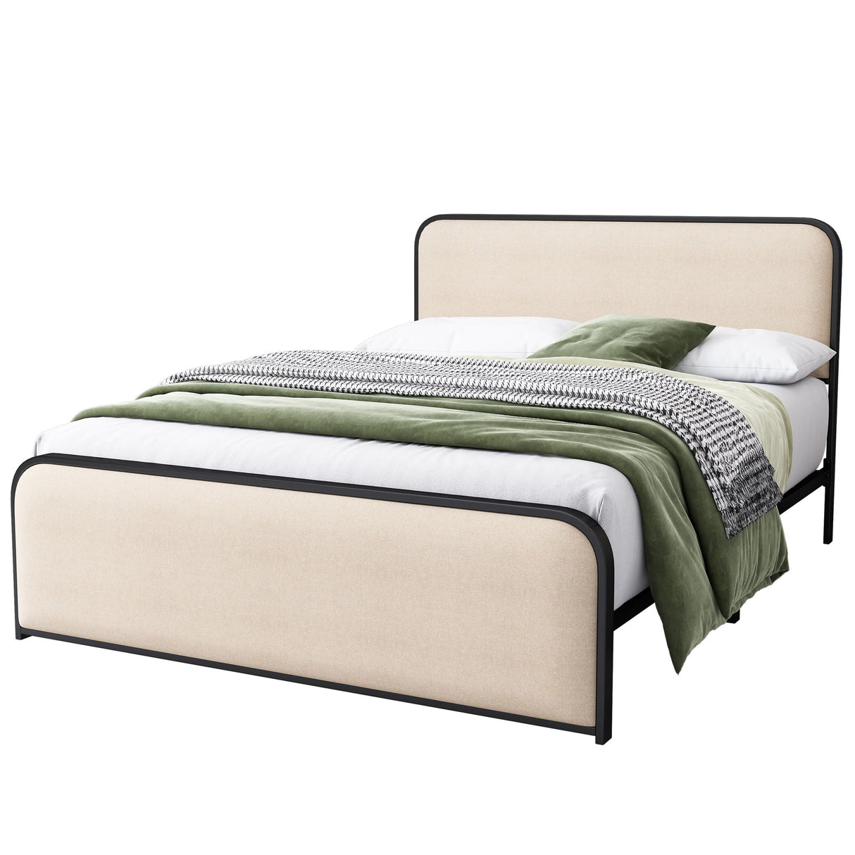Modern Bed With Curved Upholstered Headboard And Footboard, Heavy Duty Metal Slats