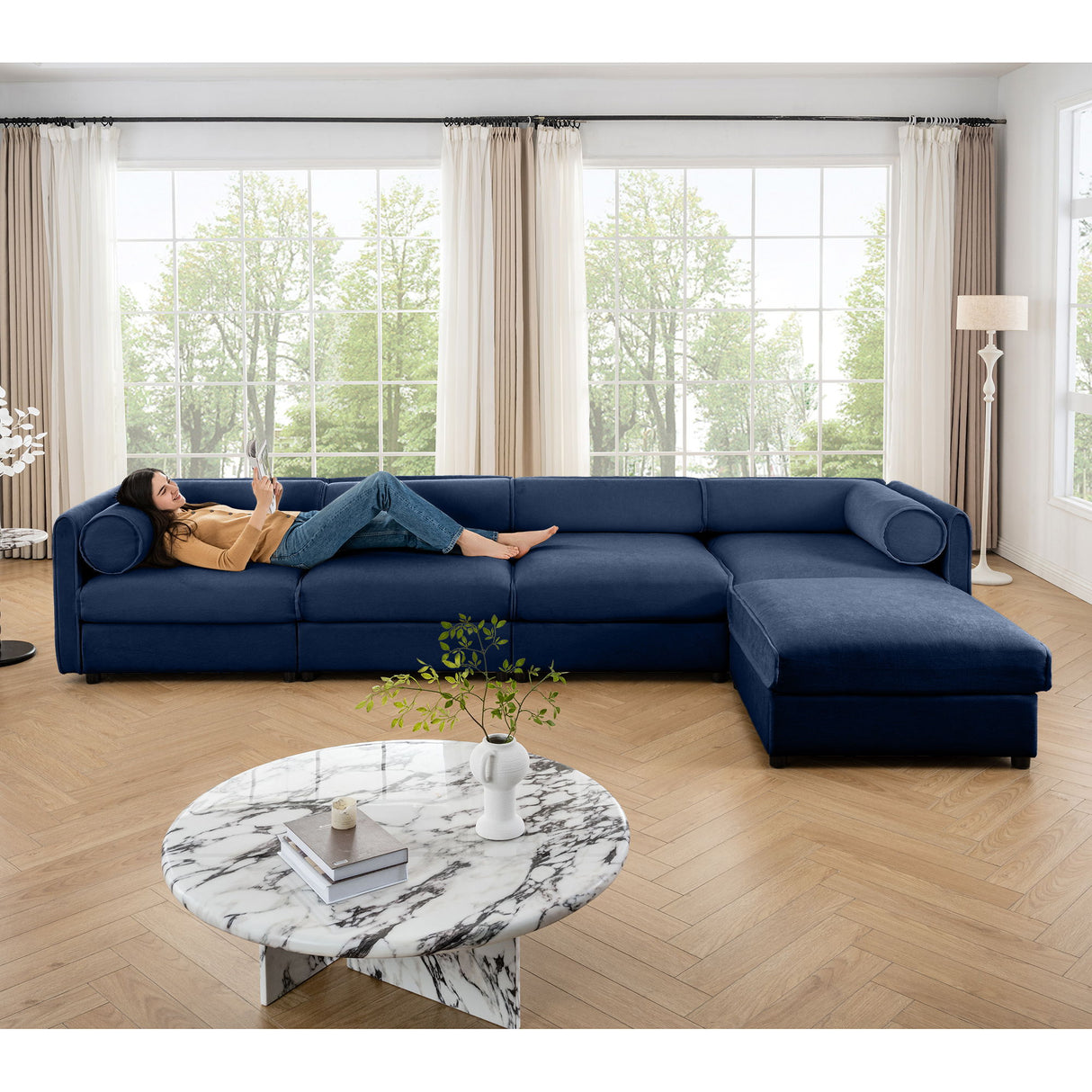 Contemporary Elegant White Chenille Sofa With Storage And Ottoman