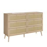 Rattan 6 Drawers Chest Of Dressers For Bedroom, Modern 6 Drawer Dresser, Wide Chest Of Drawers With Wood Handles, Rattan Dresser Storage Cabinet For Living Room, Bedroom, Hallway - Natural Wood / Oak