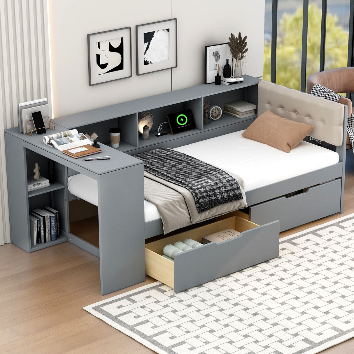 Upholstered Headboard Platform Bed With Storage Shelves, Drawers, Charging Station