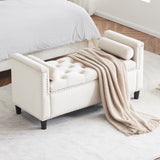 Queen Velvet Button Bedside Storage Bench With Armrests, Nailhead Trim