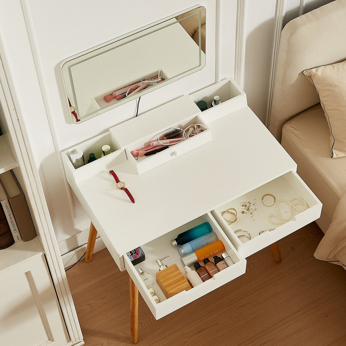 Makeup Vanity Desk With Removable Mirror And Lights, 3 Color Modes & Adjustable Brightness Dressing Table, Small Vanity Table Set With 2 Drawers For Bedroom - White