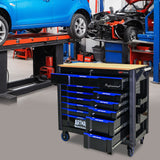 12 Layer Drawer Multi Purpose Tool Cart With Wheels And Wooden Countertops - Black / Blue