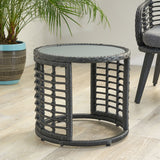 Achill - Outdoor Modern Boho Wicker Side Table With Glass Top - Gray