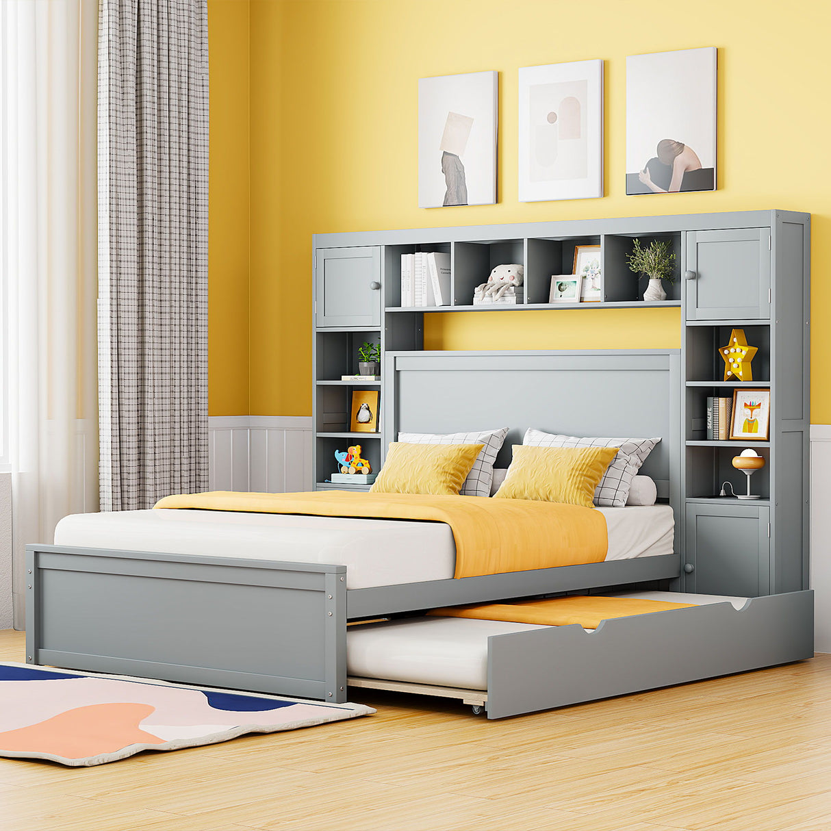 Bed With All In One Cabinet, Shelf And Sockets, Trundle