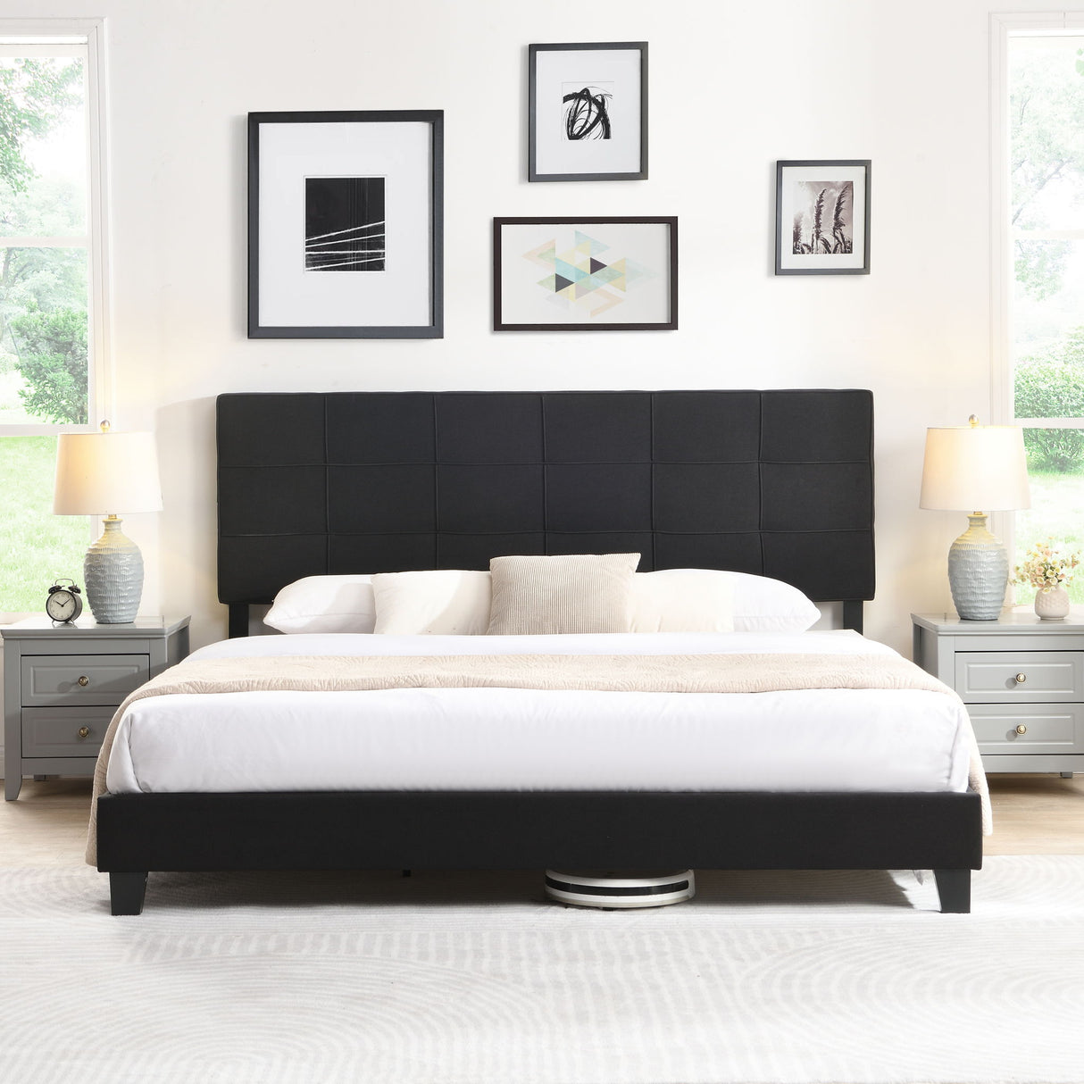 King Size Upholstered Platform Bed Frame With Linen Fabric Headboard, Wood Slat Support - Black