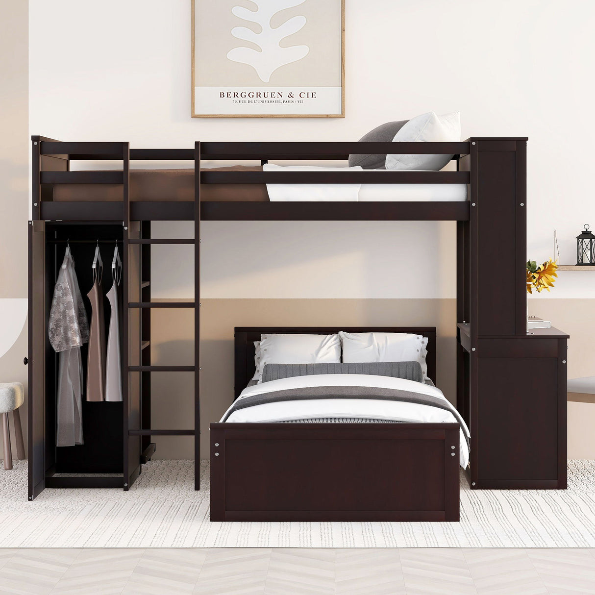 Loft Bed With A Stand Alone Bed, Shelves, Desk, And Wardrobe