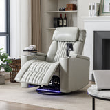 270° Power Swivel Recliner Home Theater Chair With Hidden Arm Storage, LED Light, Cup Holder, And Tray Table