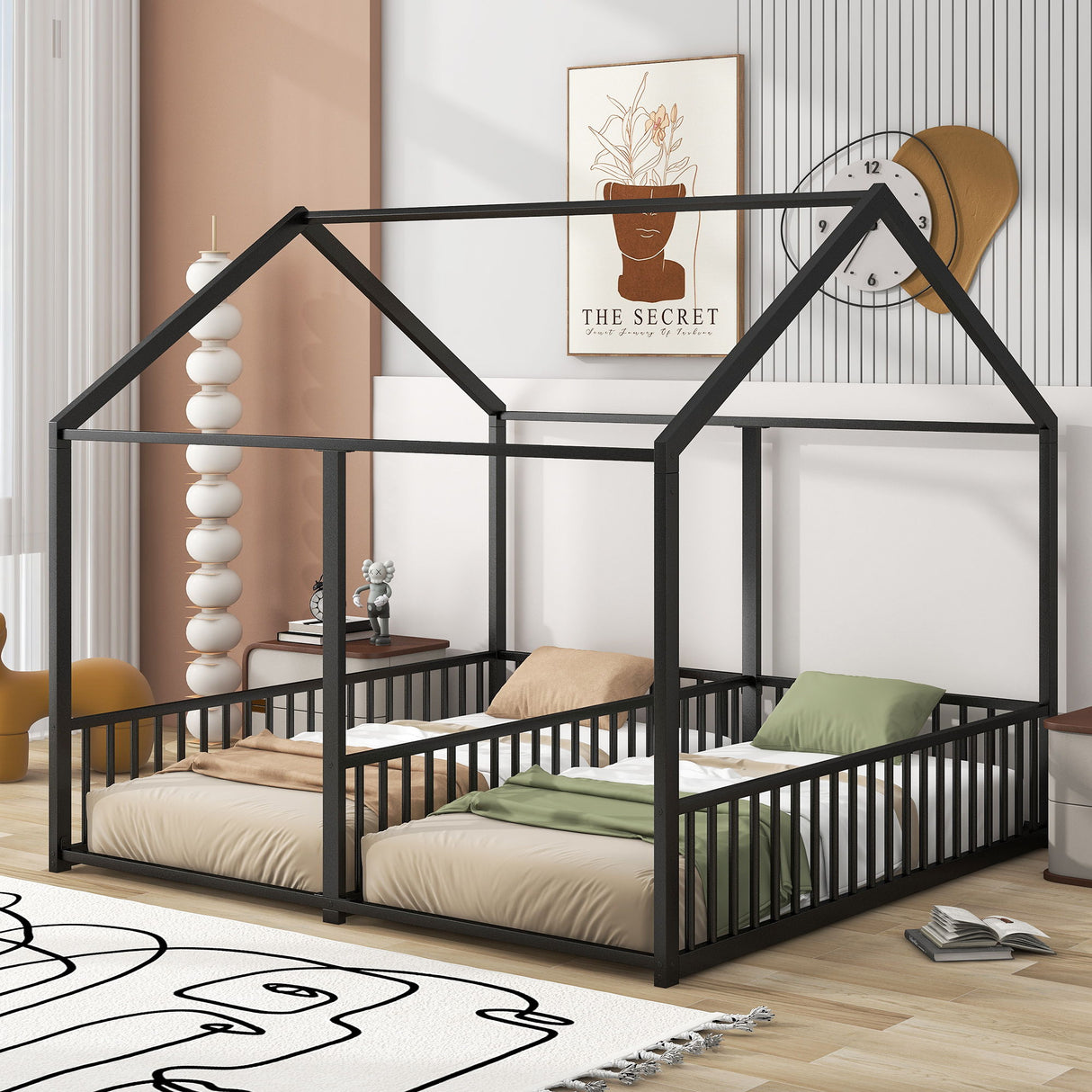 House Platform Beds, 2 Shared Beds, Metal Frame With Guardrails