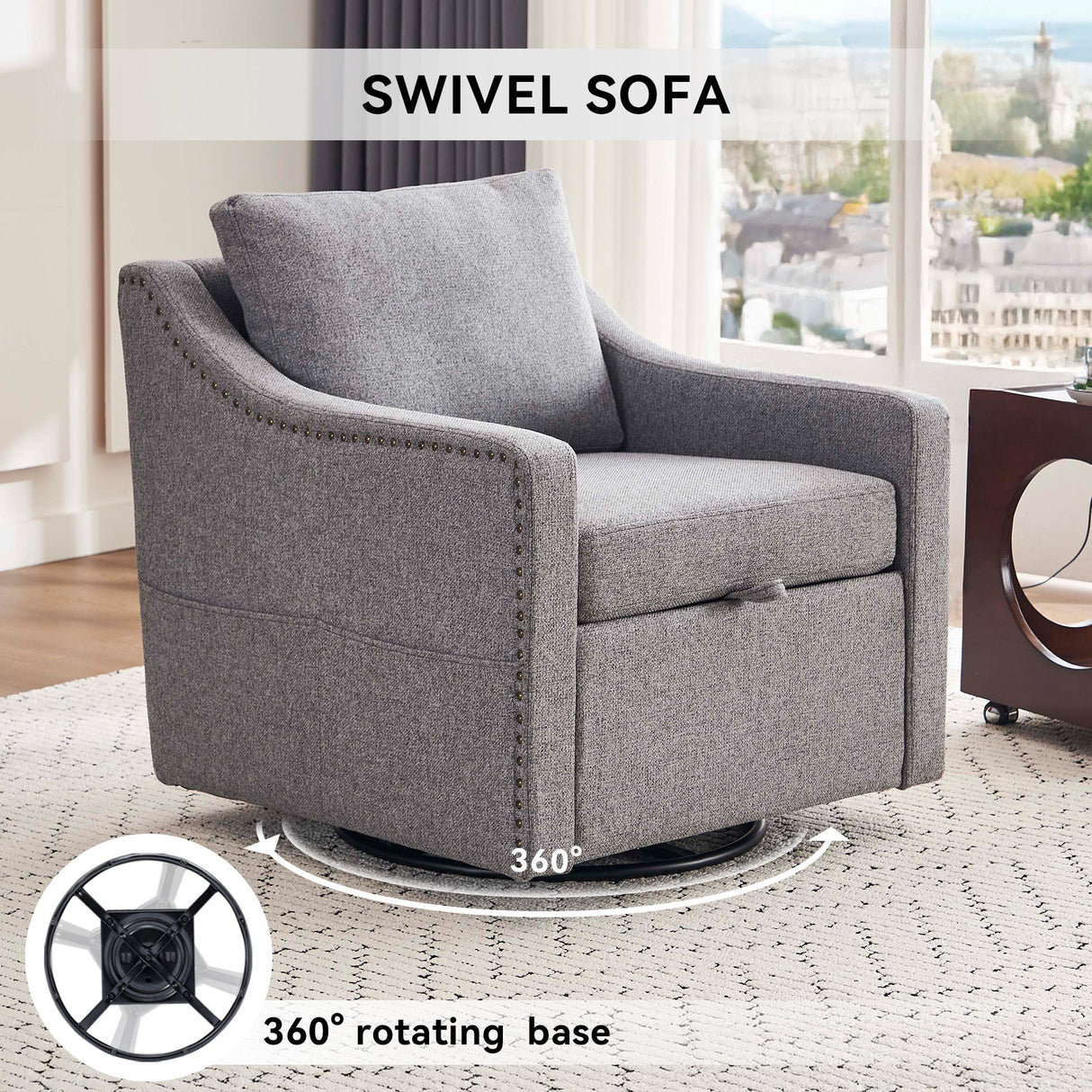 Linen Fabric 360° Swivel Accent Chair With Upholstered Back Pillow And Rivet Armrest