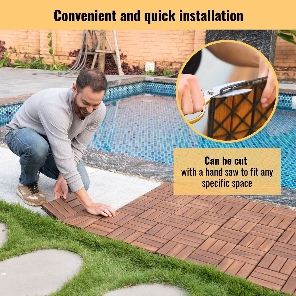 Acacia Wood Interlocking Deck Tiles Checker Pattern For Outdoor Flooring