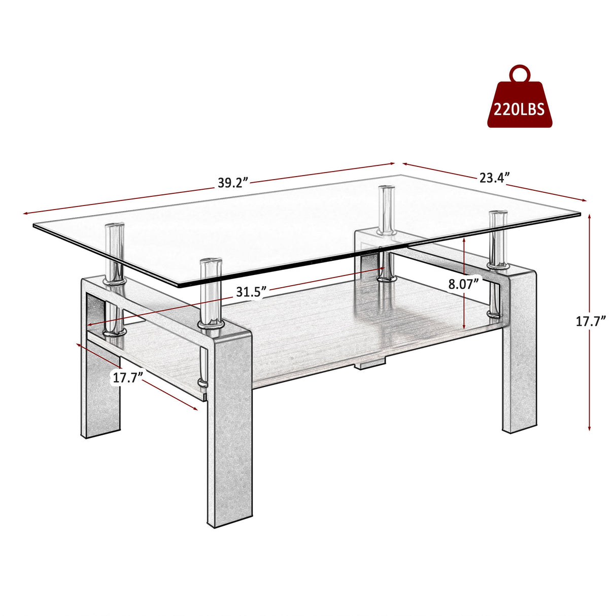 Modern Rectangular Coffee Table With Tempered Transparent Glass Top And Storage Shelf