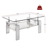 Modern Rectangular Coffee Table With Tempered Transparent Glass Top And Storage Shelf