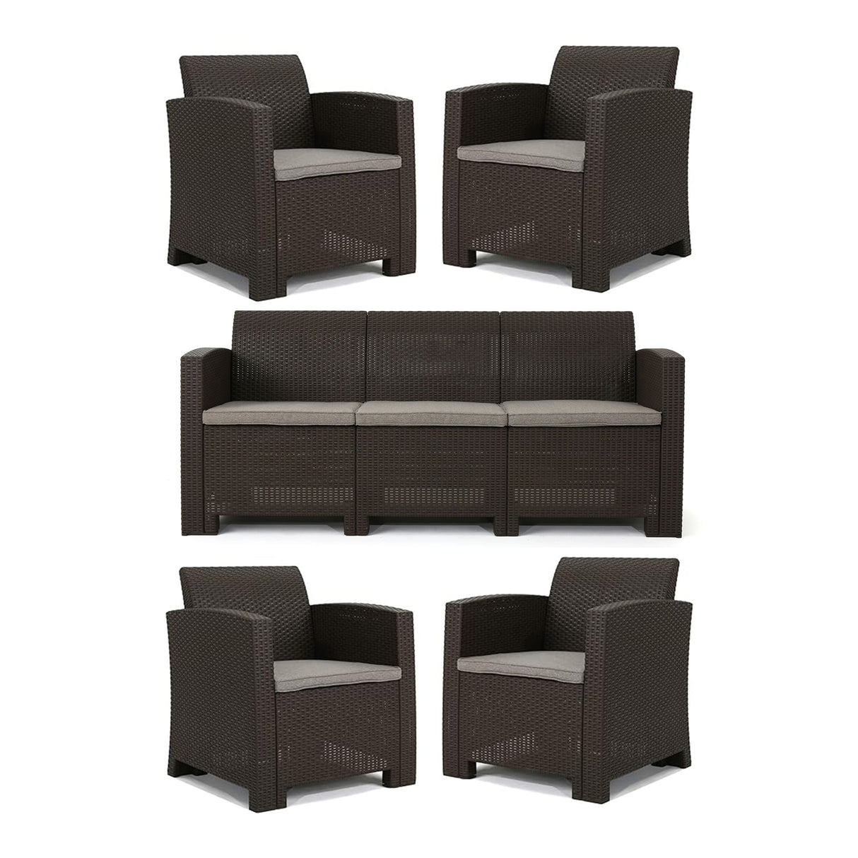 Outdoor Faux Wicker Rattan Style Chat Set With Water Resistant Cushions, 5 Pieces Set - Brown / Mix Beige