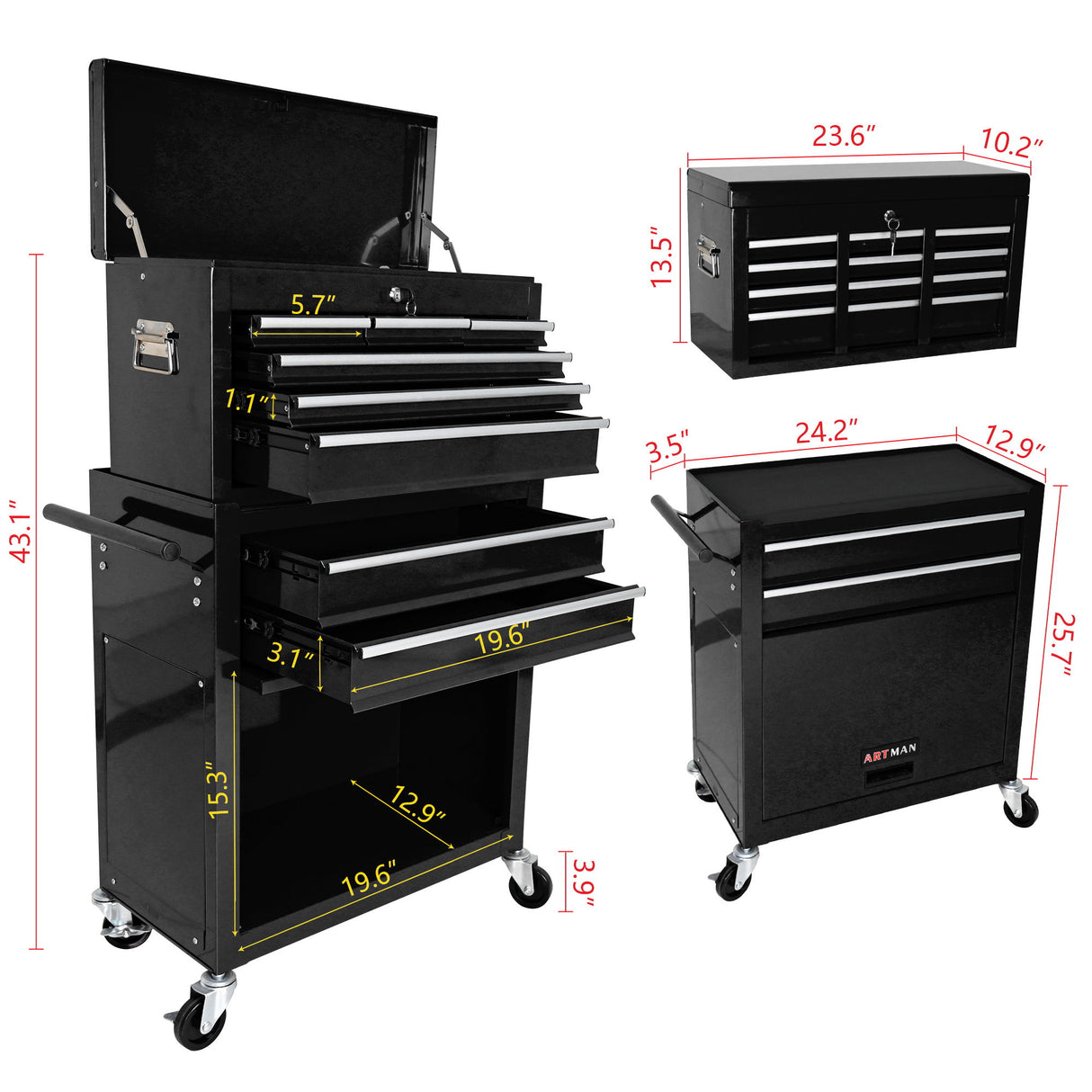 High Capacity Rolling Tool Chest With Wheels And Drawers, Storage Cabinet