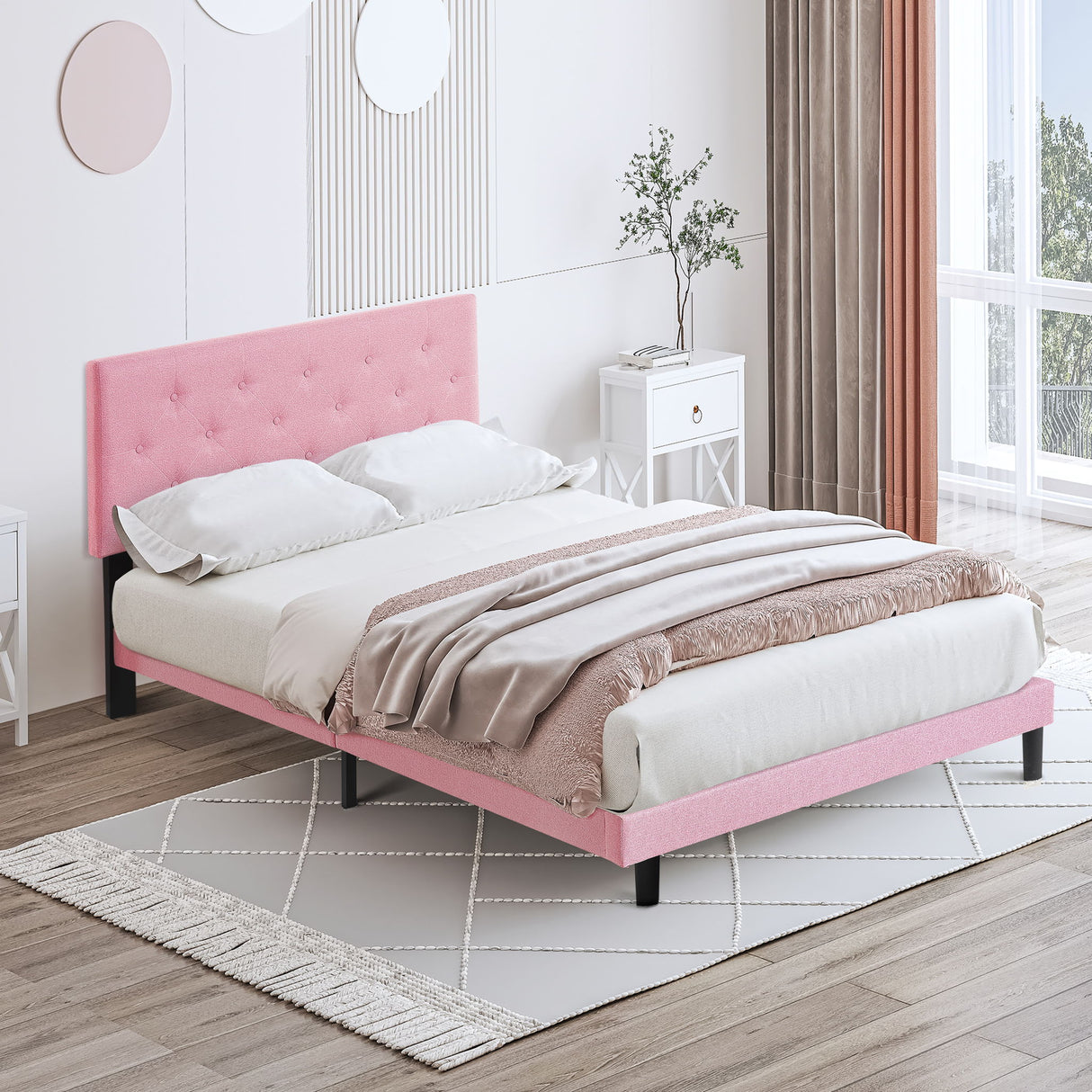 Modern Upholstered Platform Bed Frame With Button Tufted Linen Fabric Headboard