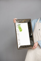 Antique Rectangle Mirror With Floral Accents, Mirrored Display Tray, Hanging Wall Mirror