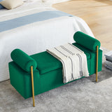 Elegant Upholstered Linen Storage Bench With Cylindrical Arms And Iron Legs, White