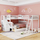 Solid L Shaped Bunk Bed With 3 Drawers, Ladder And Staircase