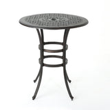 Traditional Style Cast Aluminum Bar Table With Lattice Design And Umbrella Holder - Bronze