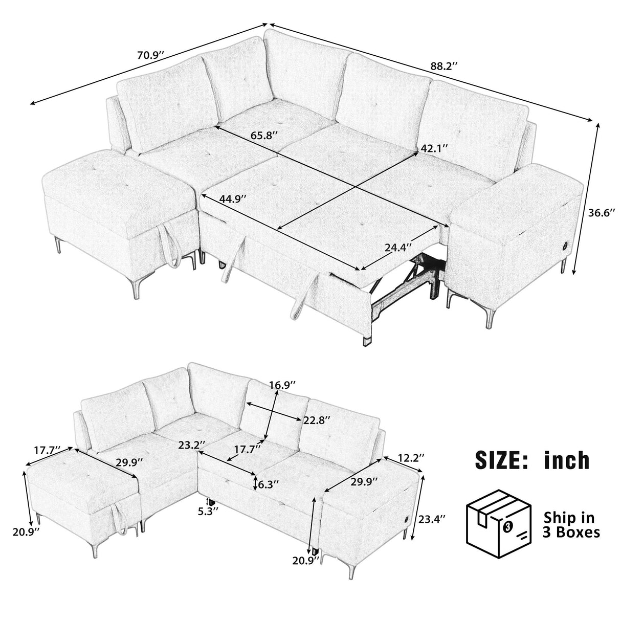 Versatile L Shaped Sofa Bed With Storage, Cup Holders, USB Ports Chenille