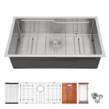 33" Undermount Kitchen Sink Single Bowl Ledge Workstation In 16 Gauge Stainless Steel - White