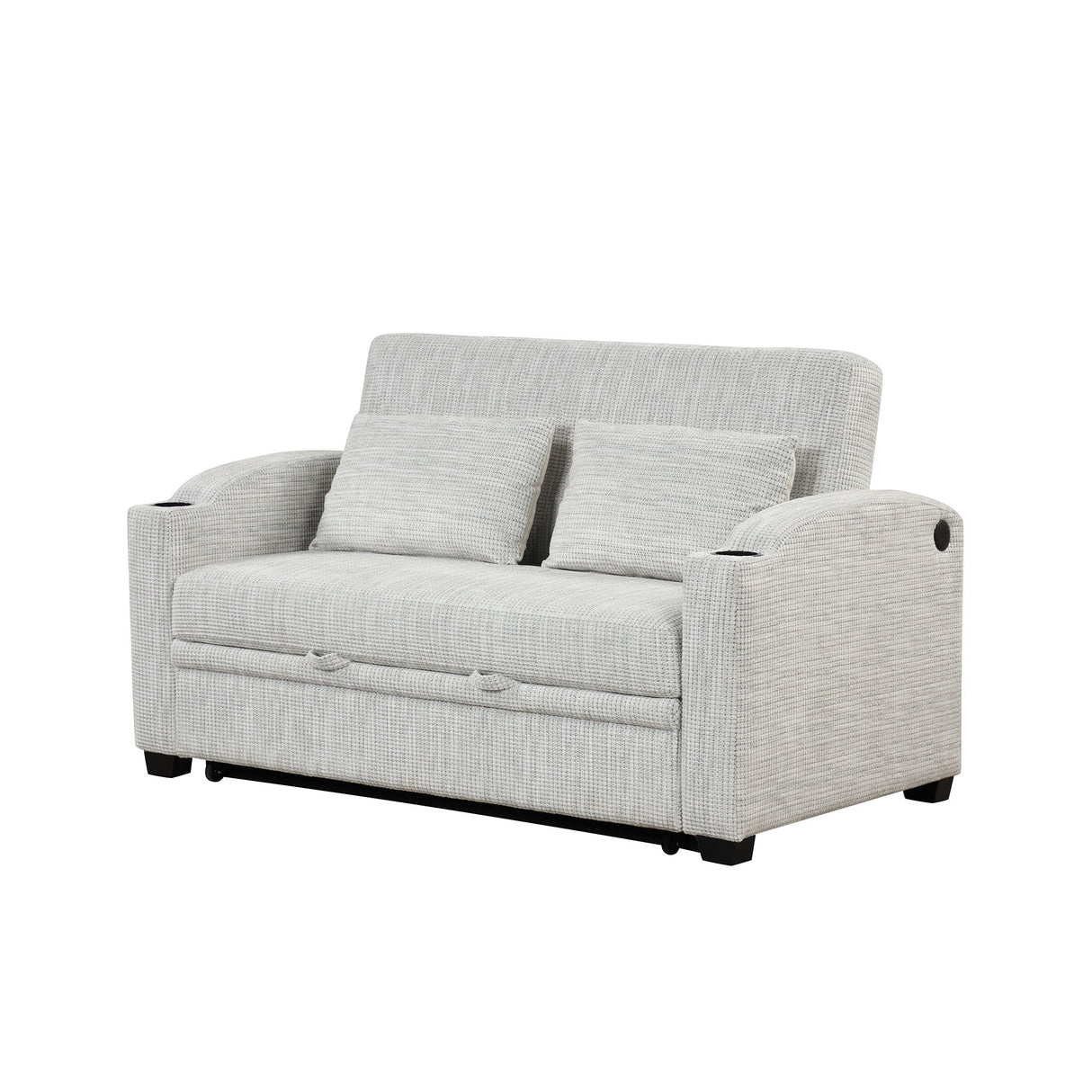 Pull Out Loveseat Sofa With Adjsutable Backrest, 2 Pillows, Cup Holders, USB Ports For Living Room
