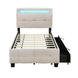 Upholstered Platform Bed With LED Frame, With Trundle And 2 Drawers