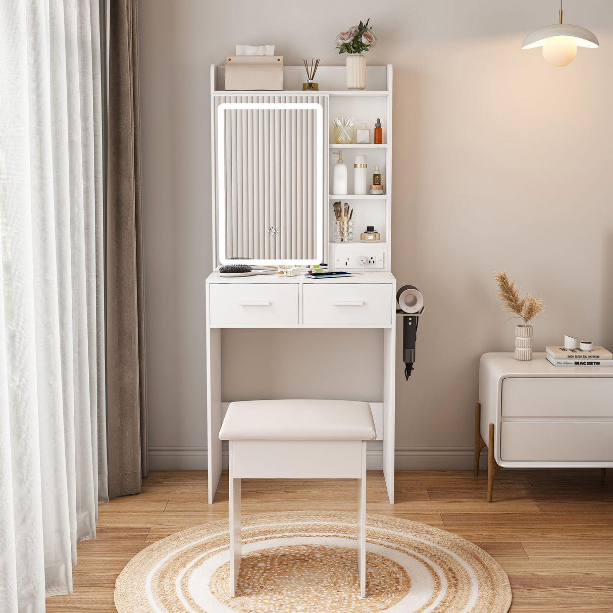 Space Saving Makeup Vanity Desk With Mirror & Adjustable Led Lights, Built-In Power Outlet, Hidden Storage, Includes Stool & Shelf - White