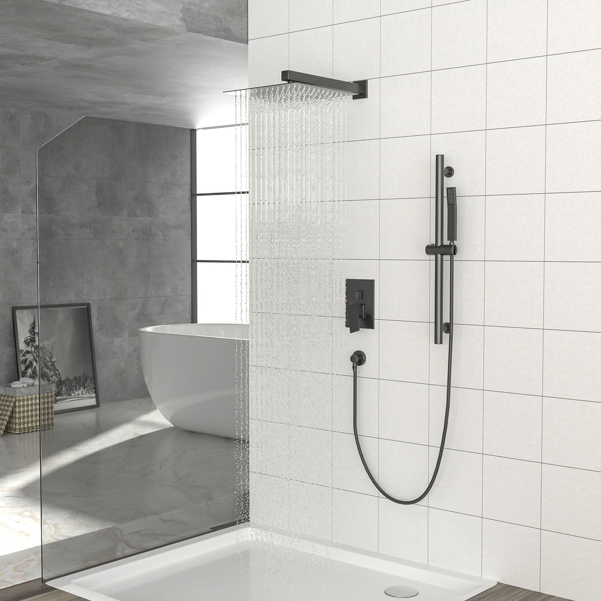 Wall Mounted Shower System With Adjustable Slide Bar And Rough In Valve - Matte Black
