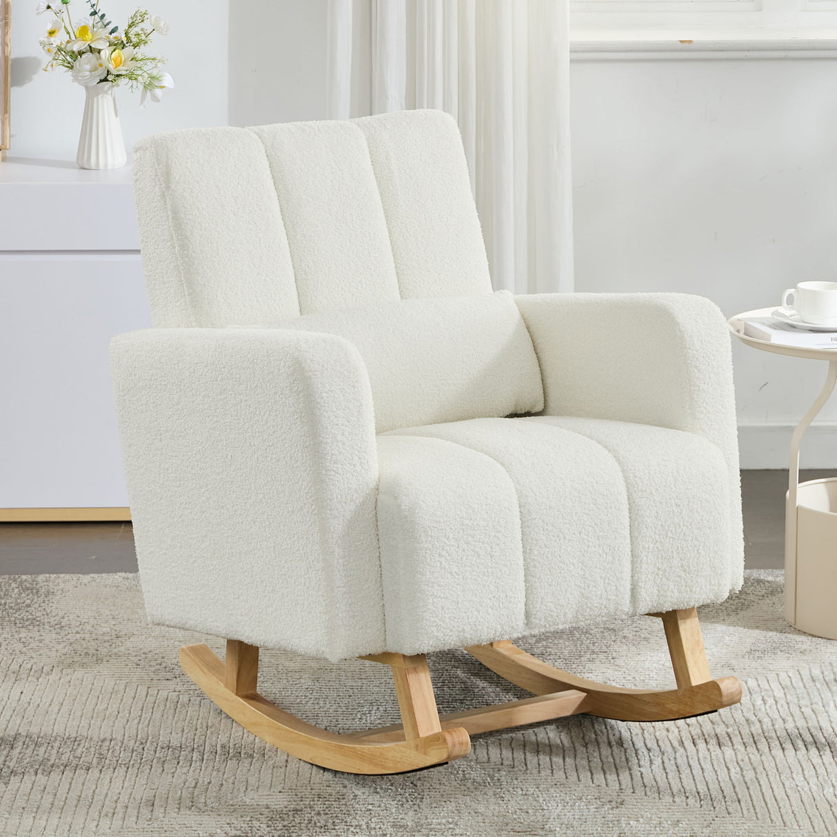Accent Rocking Chair With Pillow, Spacious & Comfortable Seating For Living Room Or Bedroom - Cream White