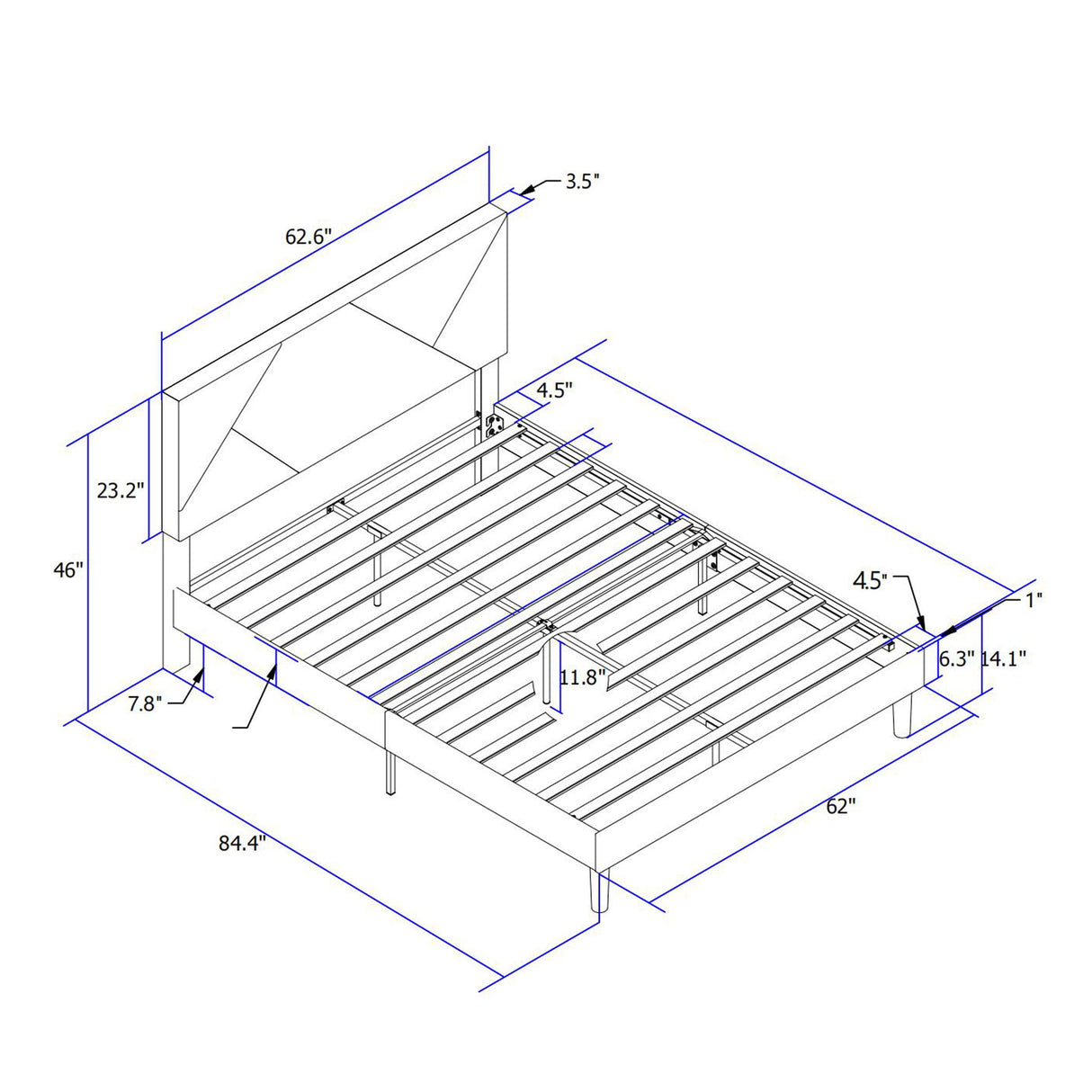 Upholstered Platform Bed Frame With Headboard, Wood Slat Support