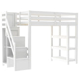 Loft Bed With 4 Layer Shelves, Storage Staircase, Small Wardrobe And LED Light