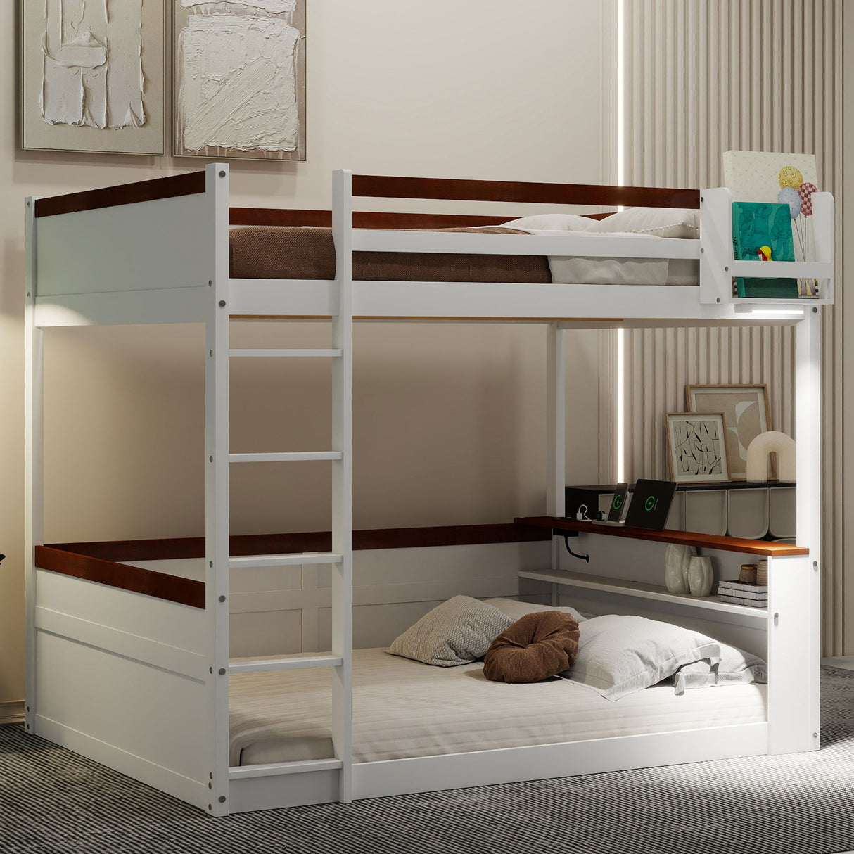 Bunk Bed With Built In Shelves, Storage Box, LED Light And USB Charging Station