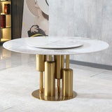 53" Round Marble Dining Table With Lazy Susan, Dining Room, Dinette (Table Only) - Gold / Gold / White
