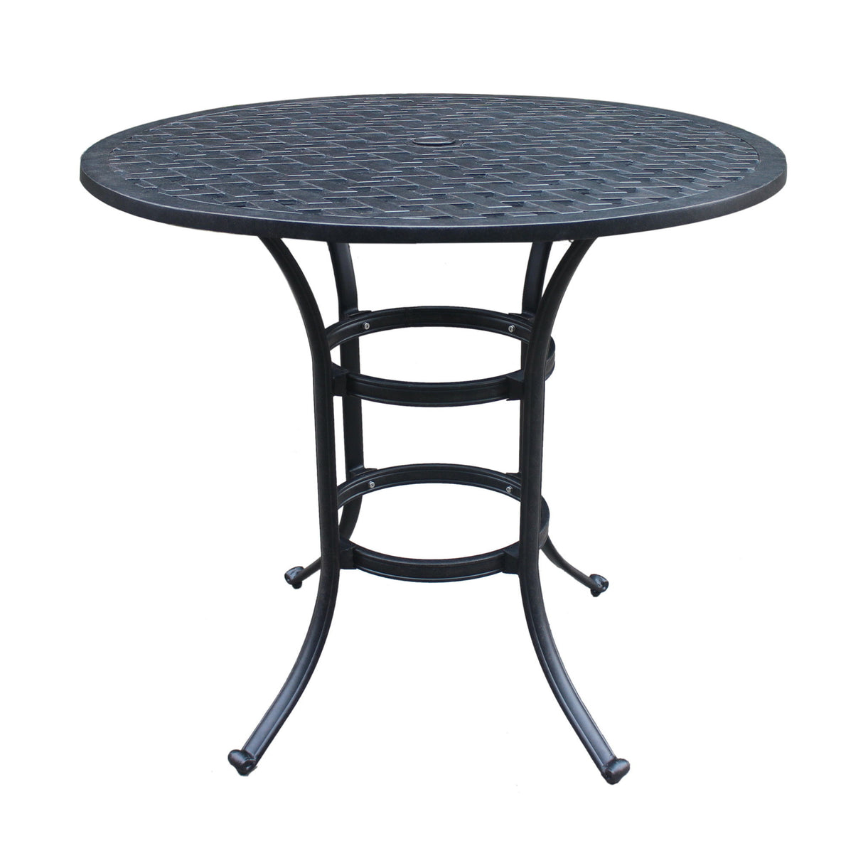Cast Aluminum Round Counter Table With Lattice Design And Umbrella Hole - Dark Lava Bronze