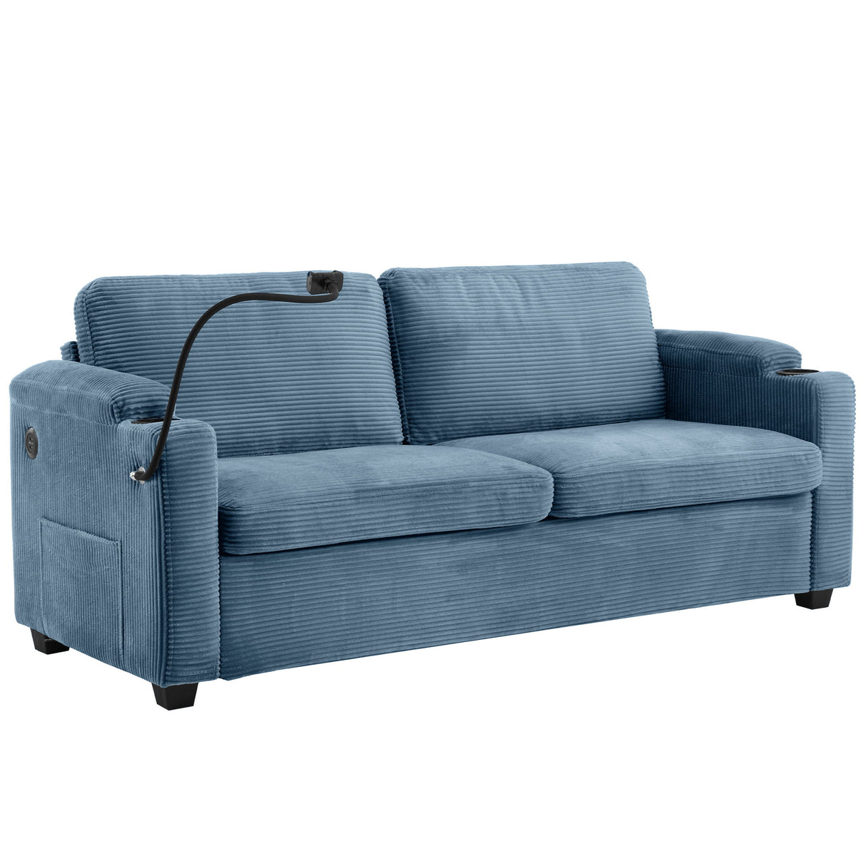Corduroy Sleeper Sofa Loveseat Sofa With Full Size Mattress, 2 USB Ports, 2 Cup Holders, 2 Side Pockets And Phone Holder