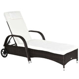 Outsunny - Wicker Outdoor Chaise Lounge, 5-Level Adjustable Backrest Pe Rattan Pool Lounge Chair With Wheels, Cushion & Headrest - Brown / Cream White