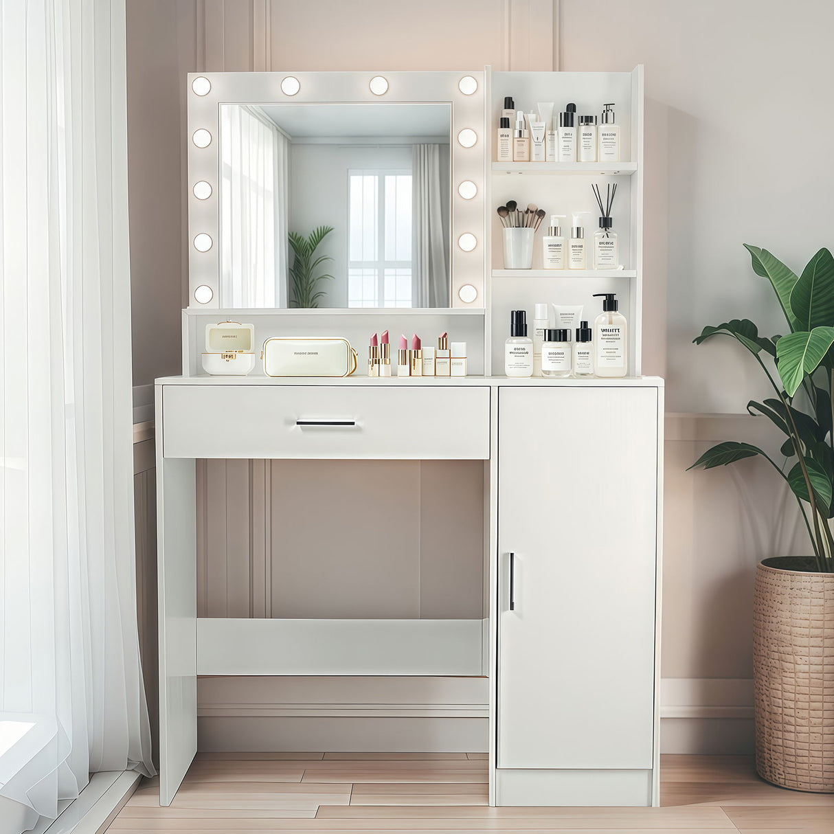 Vanity Desk With Mirror And Adjustable LED Lights, 3 Lighting Modes, Drawer And Storage Cabinet - White