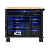 12 Layer Drawer Multi Purpose Tool Cart With Wheels And Wooden Countertops - Black / Blue