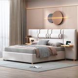 Upholstered Platform Bed, 2 Outlets And USB Charging Ports On Both Sides, 2 Bedside Pillows, Storage Shelves