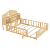 Full Size Montessori Floor Bed With Bookcases And boards, Solid Wood Platform Bed With Guard Rails And Storage Headboards - Natural