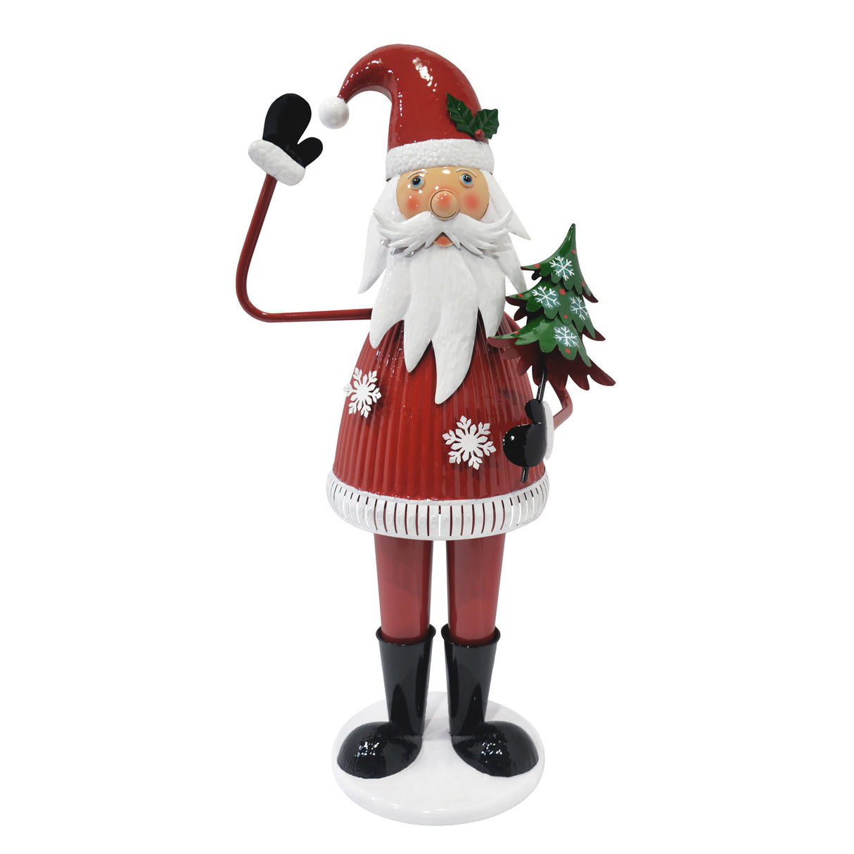 Cheerful Santa Claus Holding Tree And Waving, Holiday Decoration With Festive Design - Red