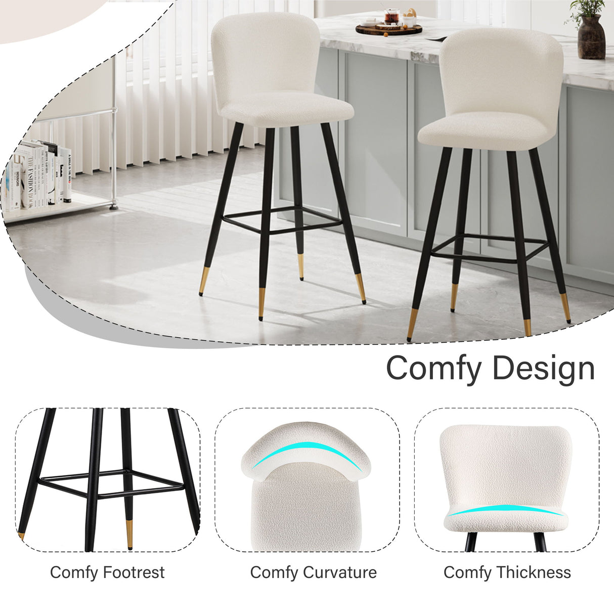 Modern Style Barstool, Tipped Ends, Suitable For Various Decoration Styles - White
