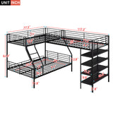 L-Shaped Twin Over Full Bunk Bed And Twin Loft Bed With 4 Built In Shelves - Black