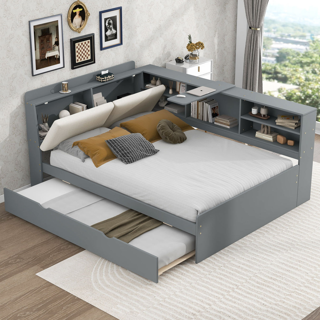 Platform Bed With Trundle, Shelves, And Storage Headboard