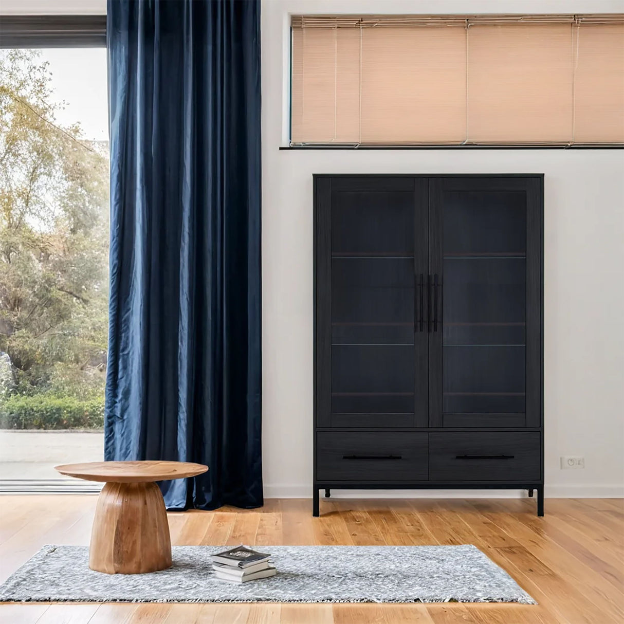 Modern Style Tall Display Cabinet With LED Lighting, Tempered Glass Door, 2 Drawers