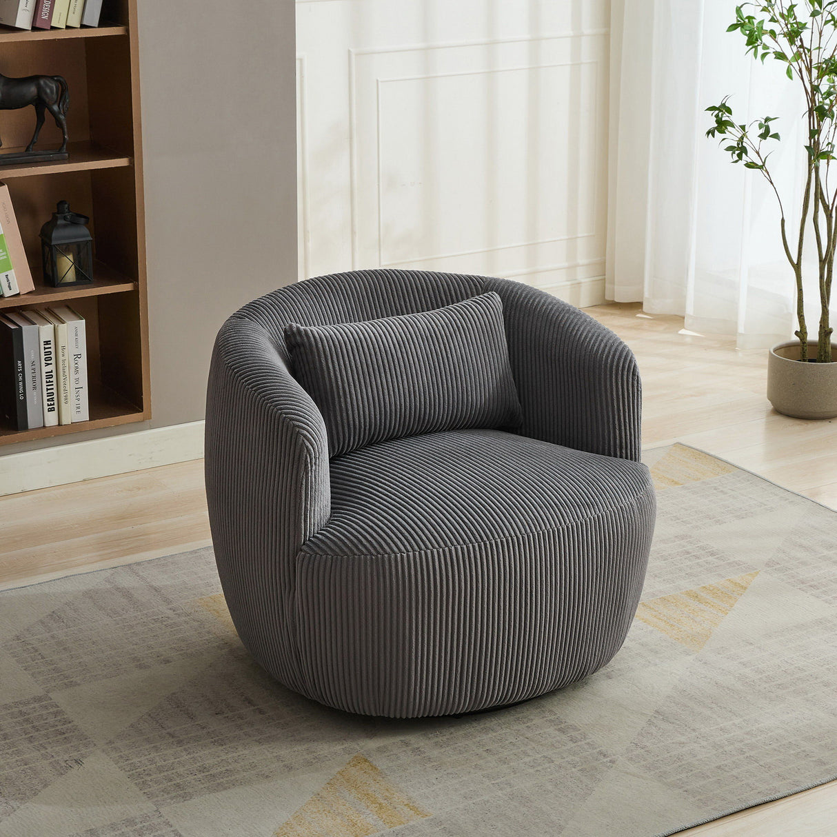 Wide Upholstered Corduroy 360° Swivel Barrel Soft Chair With Pillow