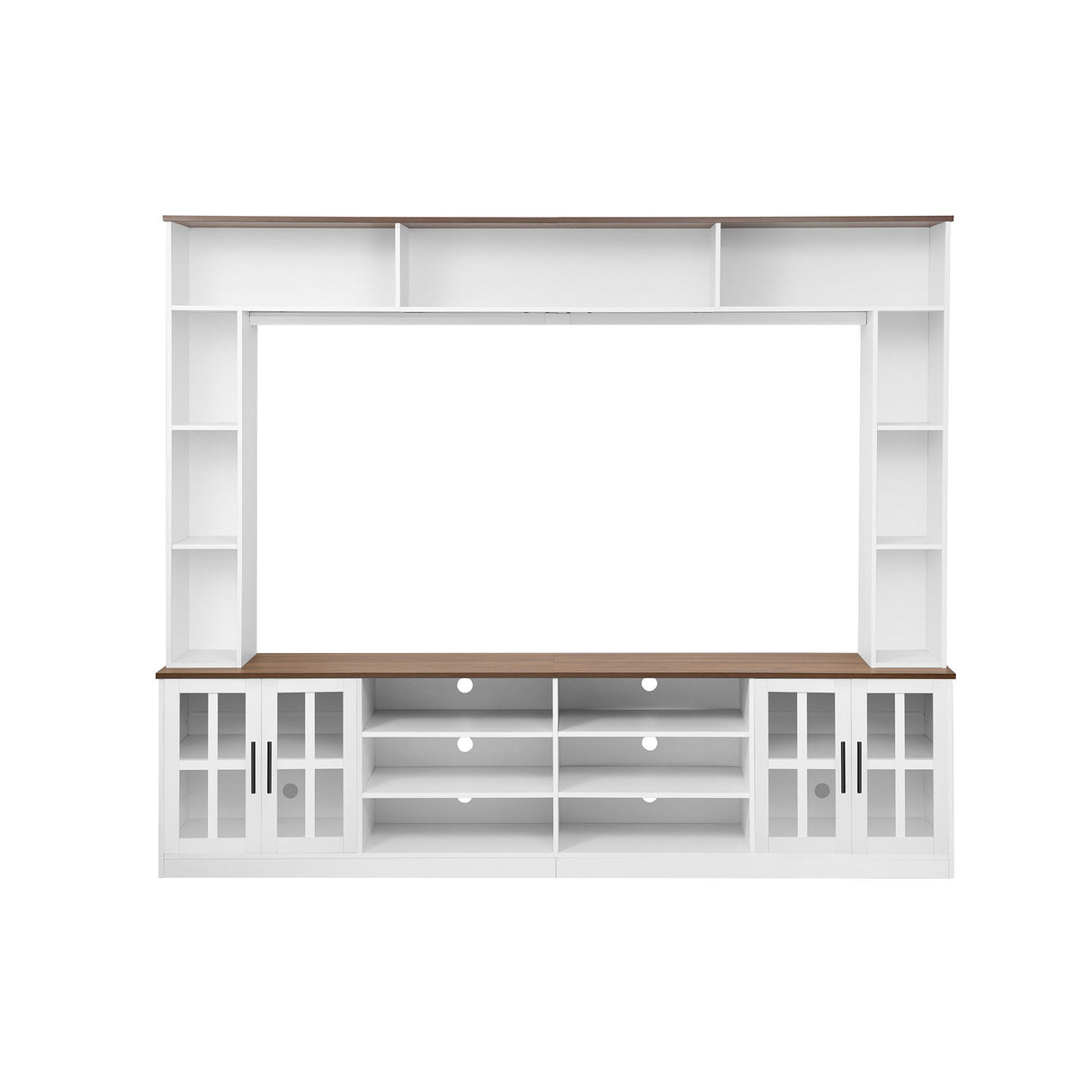 Wall Unit Entertainment Center With Bookshelves For TVs Up To 80", Tempered Glass Doors And Adjustable Shelves